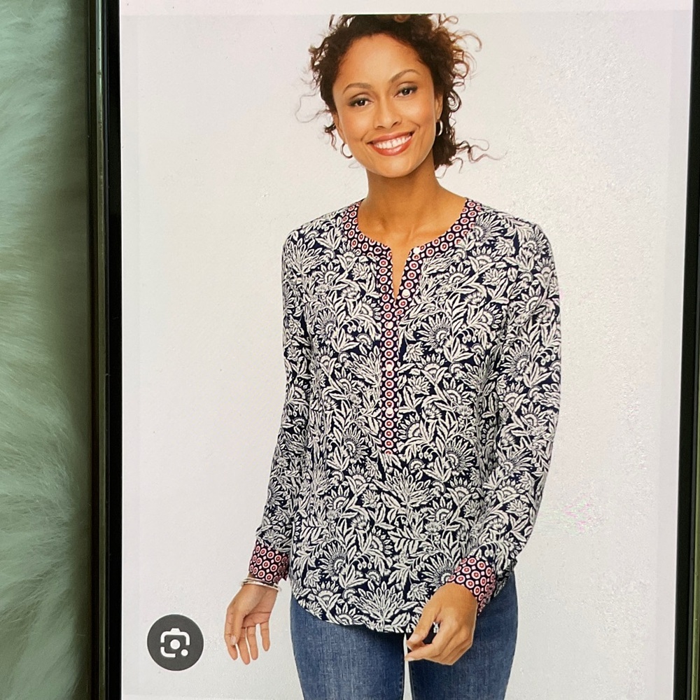 Talbots Navy and White Floral Split-Neck Blouse with Pink Trim